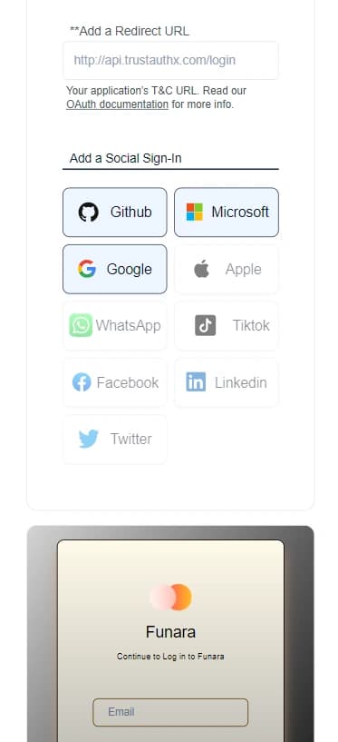 The TrustAuthX dashboard on a phone: social sign-in options and a preview of the login widget.